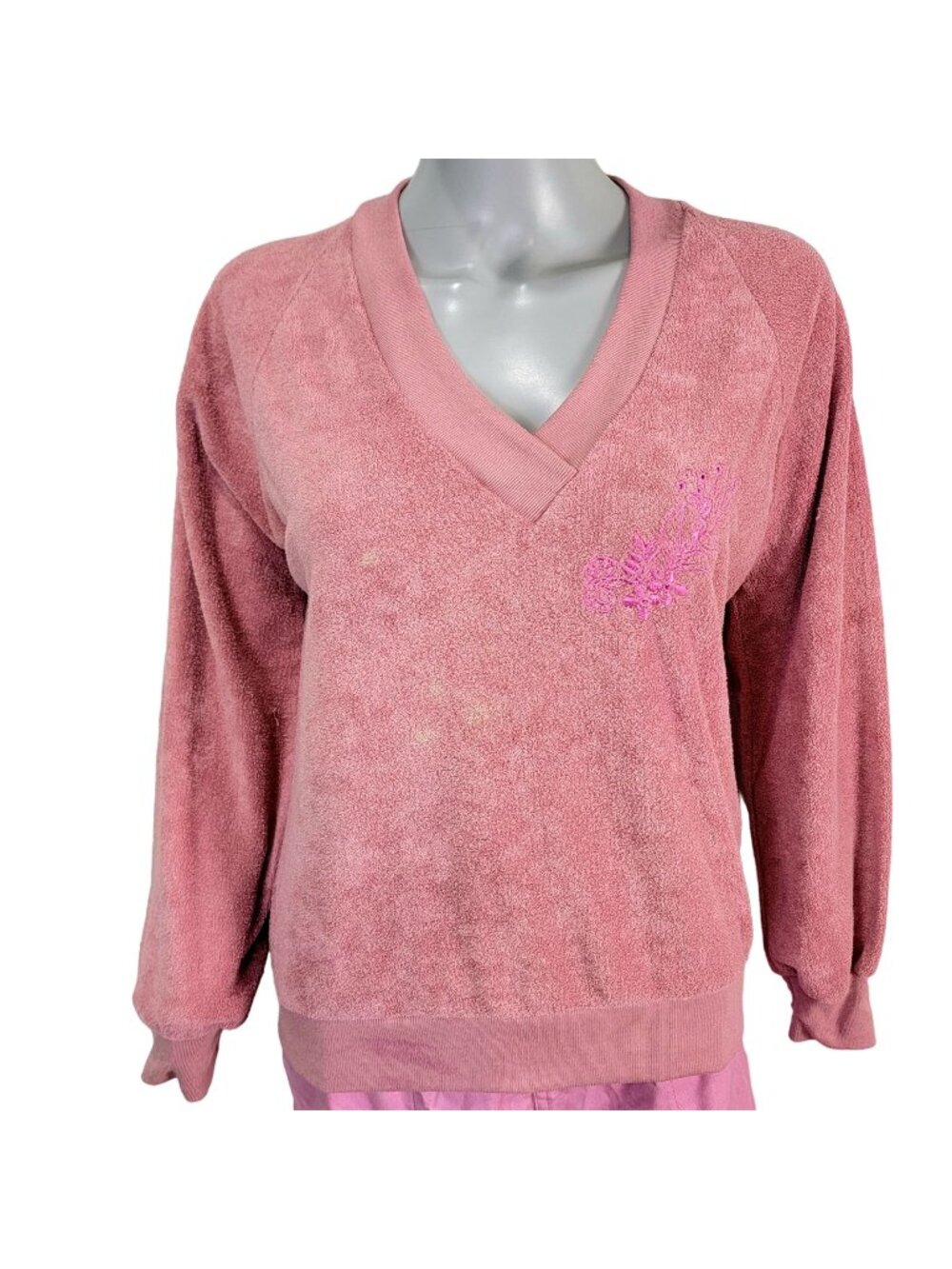 Vintage 70s Terrycloth Sweater Women Large Pink Embroidered Shirt Top Terry Fall